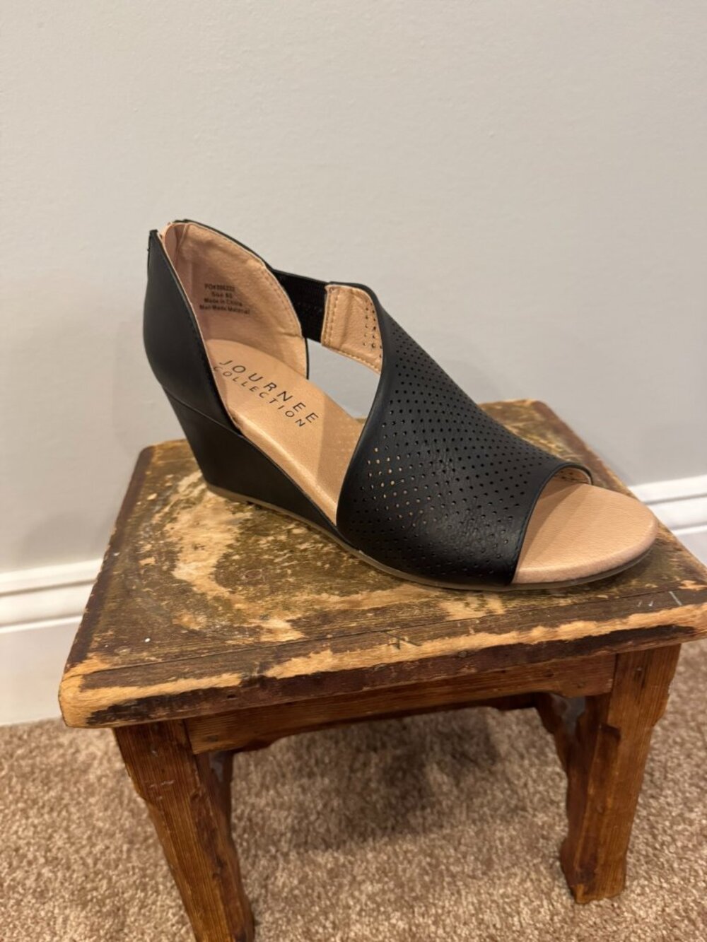 Journee Collection Black Faux Leather Aretha Wedge Open Toe Sandals - Women's 6